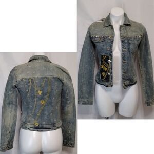 AKDMKS Distressed Cropped Denim Jacket Small Studded Embroidered Jean Style